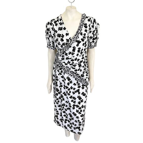 LOVE WHIT by Whitney Port Floral Puff Sleeve Wrap Dress in Black White SZ L - Picture 13 of 13
